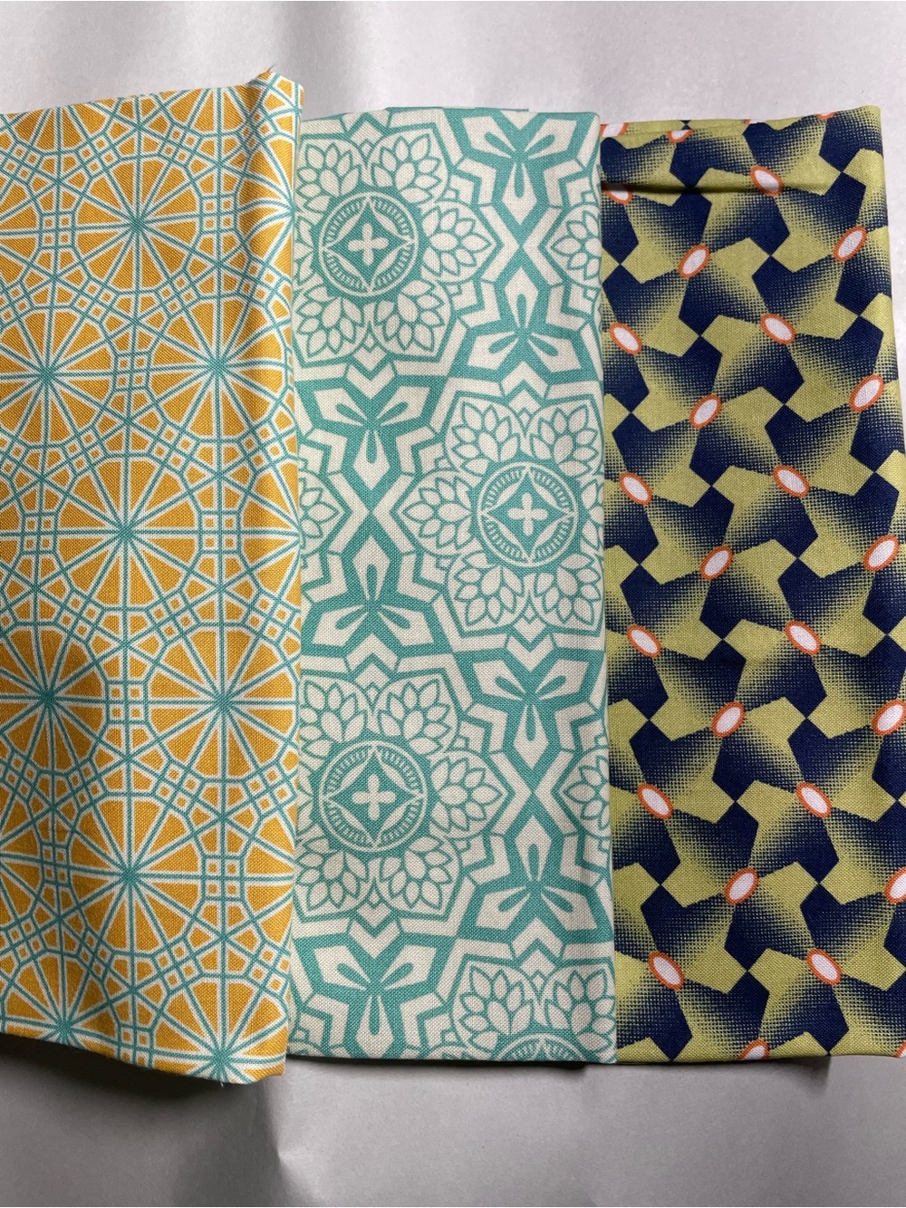 (3) 18x21" Fat Quarters Abstract Print Teal Yellow Green Cotton Fabric NOS